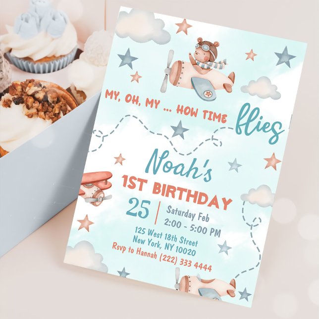 Cute Boy's Aeroplane Theme 1st Birthday Party Invitation (Creator Uploaded)