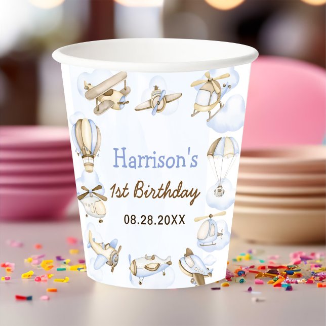 Cute Boy's Aeroplane Theme 1st Birthday Party Paper Cups (Creator Uploaded)