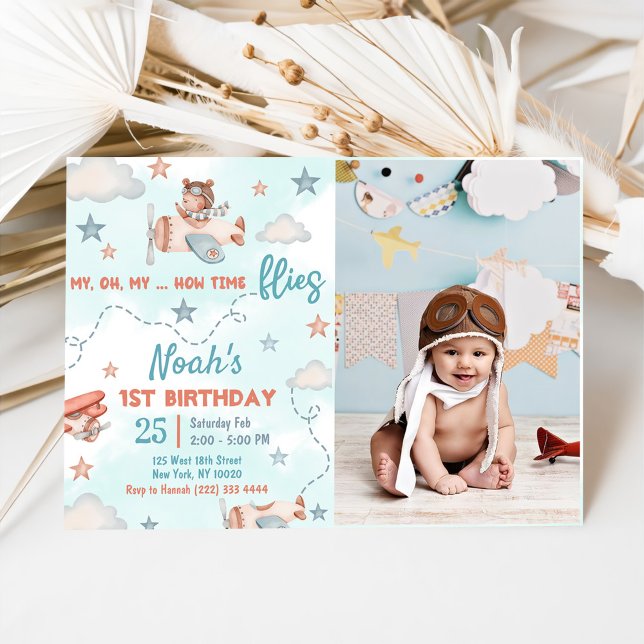 Cute Boy's Aeroplane Theme 1st Birthday Party Phot Invitation (Creator Uploaded)