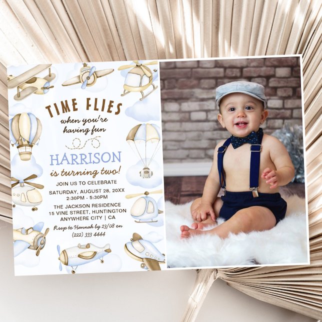 Cute Boy's Aeroplane Theme 2nd Birthday Party Phot Invitation (Creator Uploaded)