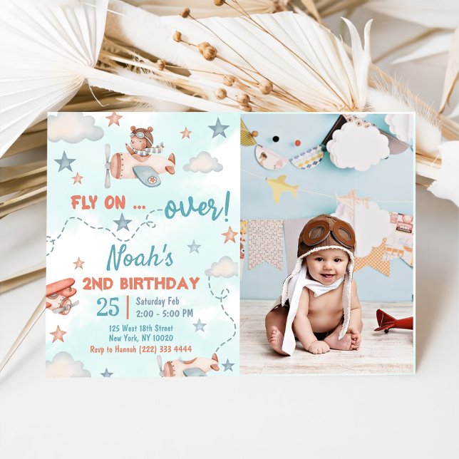 Cute Boy's Aeroplane Theme 2nd Birthday Party Phot Invitation (Creator Uploaded)