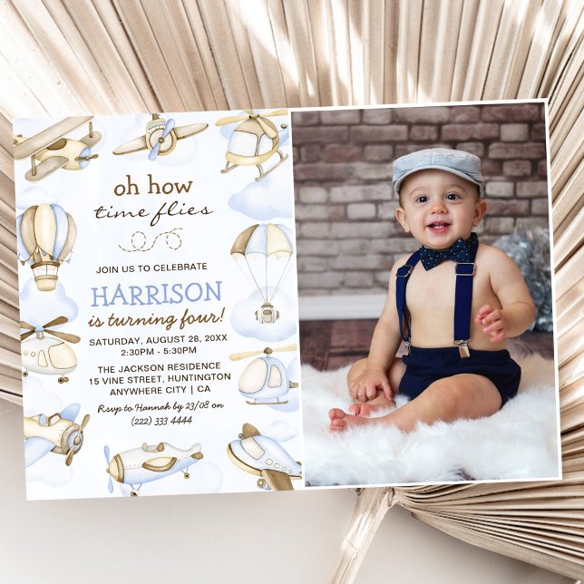 Cute Boy's Aeroplane Theme 4th Birthday Party Phot Invitation (Creator Uploaded)
