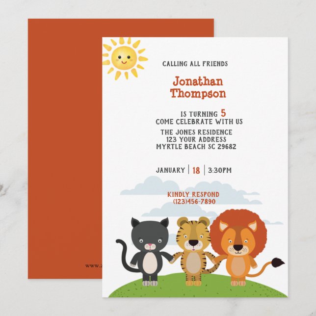 Cute Boys Animal Friends Kids Birthday Party    Invitation (Front/Back)