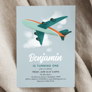 Cute Boys Blue Aeroplane Travel 1st Birthday Invitation