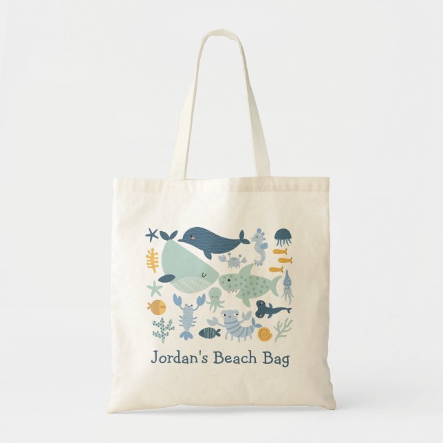 Cute Boys Blue Green Sea Creatures Beach Tote Bag (Front)