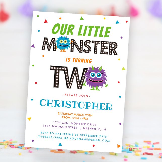 Cute Boys Blue Monster 2nd Birthday Party Invitation (Cute Boys Blue Monster 2nd Birthday Party Invitation)