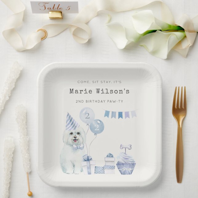 Cute Boys Blue Party Puppy Dog Any Age Birthday Paper Plate (Wedding)