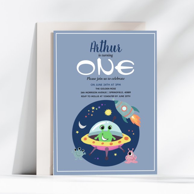 Cute Boys Blue Space Alien Galaxy 1st Birthday Invitation (Creator Uploaded)