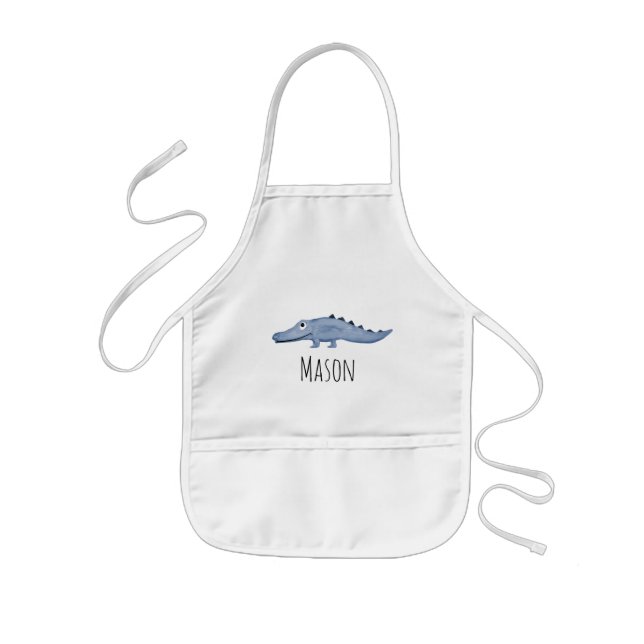 Cute Boy's Blue Watercolor Crocodile Safari Name Kids Apron (Front)