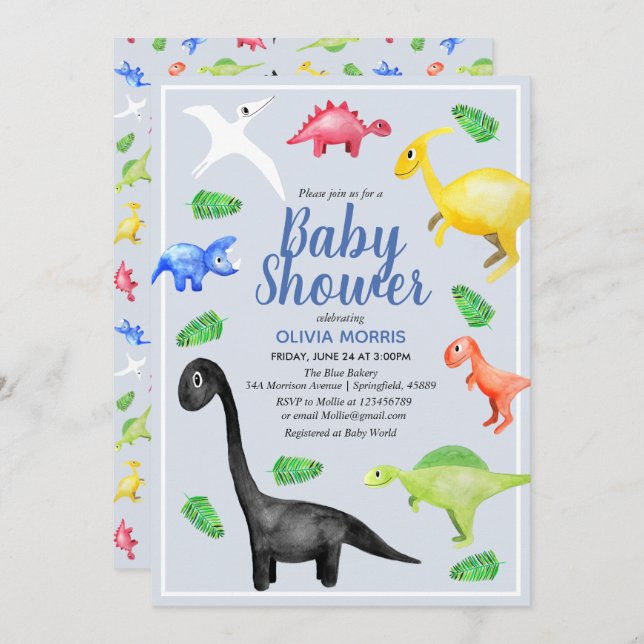 Cute Boys Blue Watercolor Dinosaur Baby Shower Invitation (Front/Back)