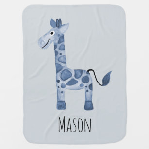 Cute Boy's Blue Watercolor Giraffe Safari & Name Baby Blanket