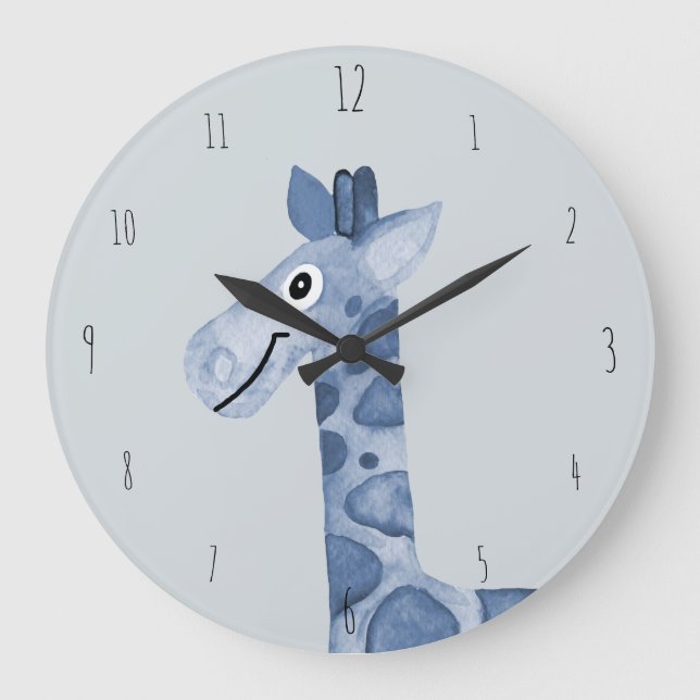 Cute Boy's Blue Watercolor Giraffe Safari Nursery Large Clock (Front)
