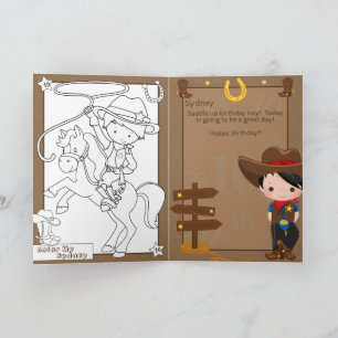 Cute Boys Cowboy Colouring Page Happy Birthday Card