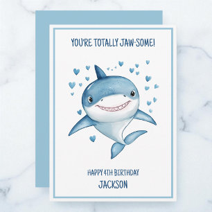 Cute Boys Custom Blue Shark Happy 4th Birthday Card