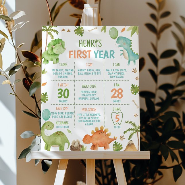Cute Boys Dinosaur Birthday Party Milestone Poster (Creator Uploaded)