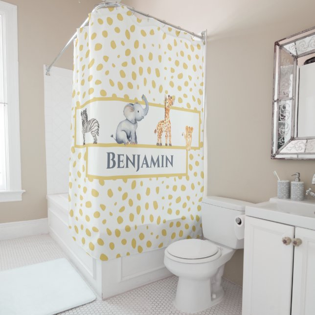 Cute Boys Jungle Safari Baby Animals Shower Curtain (In Situ)