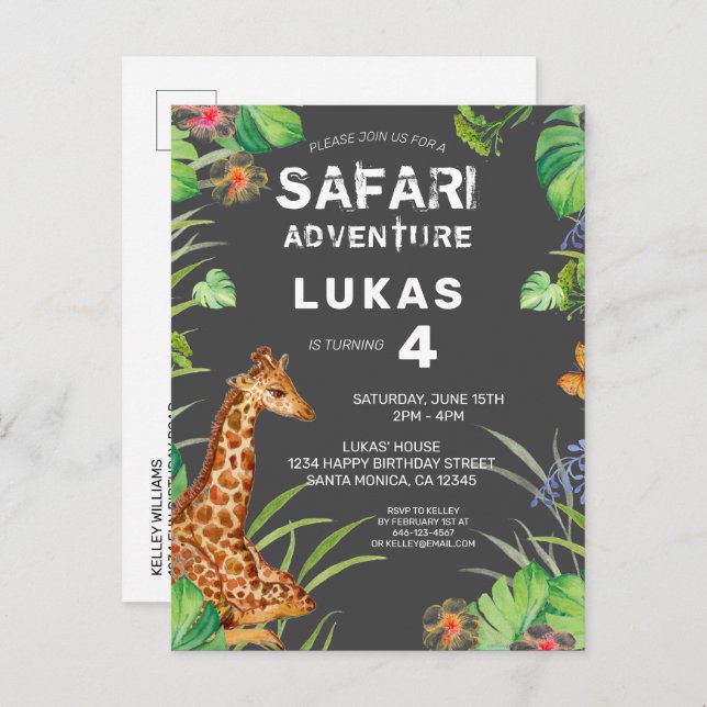 Cute Boys Jungle Safari Giraffe Birthday  Invitation Postcard (Front/Back)