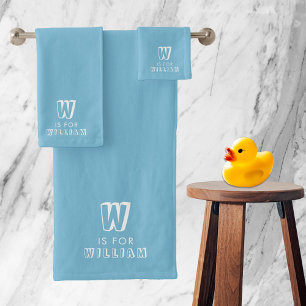 Cute Boys Kids Name Alphabet Initial Blue  Bath Towel Set