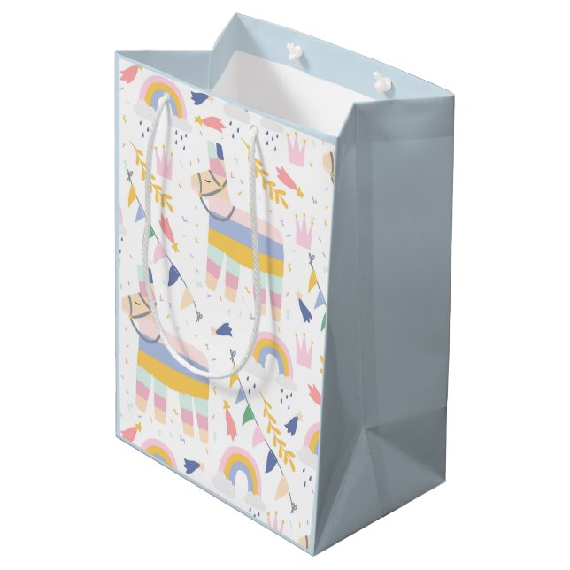 Cute Boy's Llama Rainbow Birthday Party Medium Gift Bag (Back Angled)