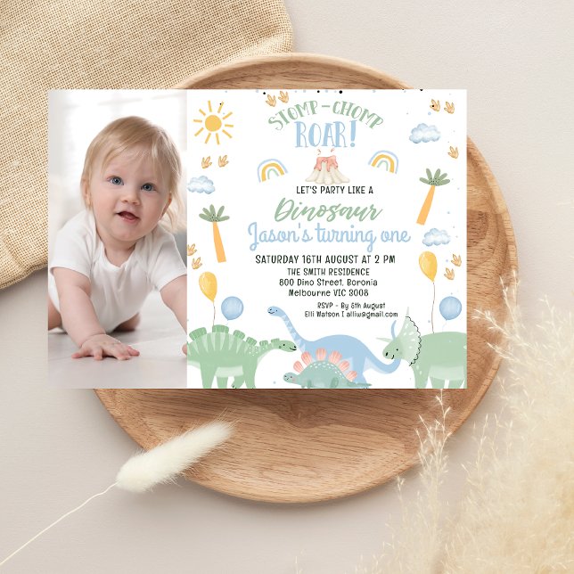 Cute Boys Photo Party Like Dinosaur 1st Birthday  Invitation (Boys Party Like A Dinosaur 1st Birthday Invitation, Stomp Chomp Roar Dinosaur Birthday Party Invite)