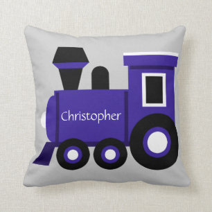 Cute Boy's Pillow, Blue Train w/ Name Cushion