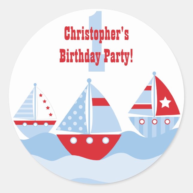 Cute boy's sailboats birthday party stickers (Front)