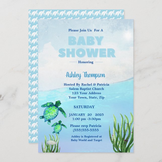 Cute Boys Sea Turtles Baby Shower Invitation (Front/Back)