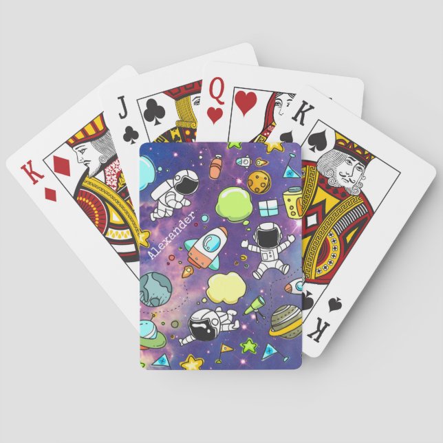 Cute Boy's Space Astronauts Planets Galaxy Playing Cards (Back)