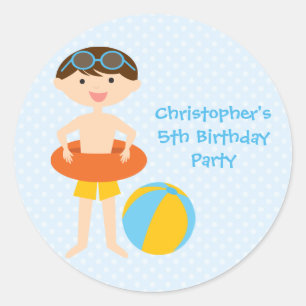 Cute boy's summer pool party birthday stickers
