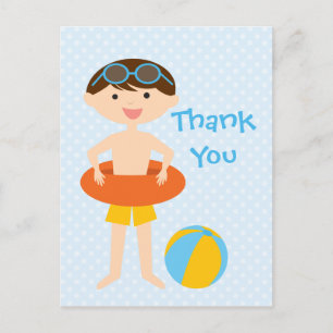 Cute boy's summer pool party thank you postcard