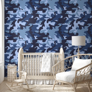 cute boys tiled camo blue nursery wallpaper