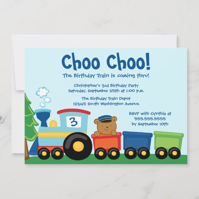 Cute boy's train bear birthday party invitation (Front)