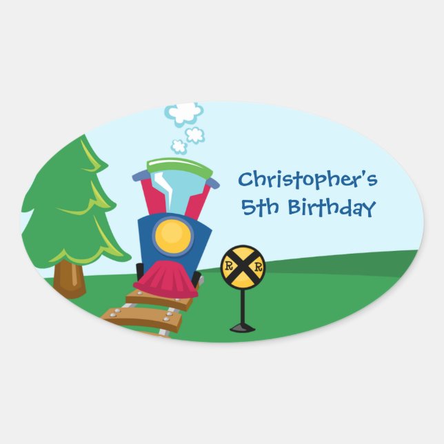 Cute boy's train birthday party stickers (Front)