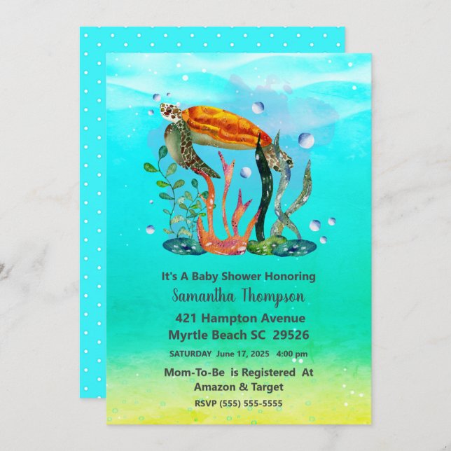 Cute Boys  Underwater Sea Turtle Baby Shower   Invitation (Front/Back)