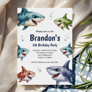 Cute Boys Watercolor Shark 5th Birthday Party Invitation