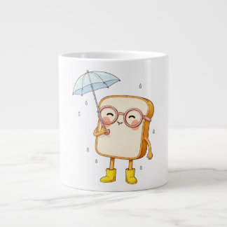 Cute Bread Character with Umbrella – Cozy Rainy  Large Coffee Mug
