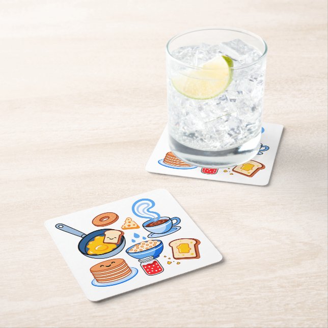 Cute Breakfast Pattern – Kawaii Food Seamless Square Paper Coaster (Insitu)