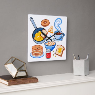 Cute Breakfast Pattern – Kawaii Food Seamless Square Wall Clock