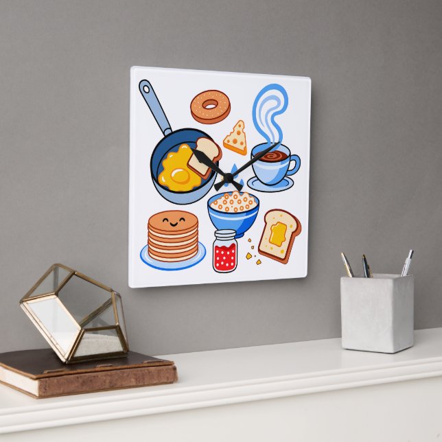 Cute Breakfast Pattern – Kawaii Food Seamless Square Wall Clock (Office)