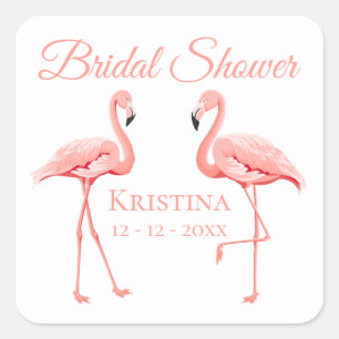 Cute Bridal Shower Pink Flamingo Tropical Wedding Square Sticker