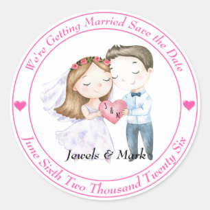 Cute Bride and Groom Save The Date  Classic Round Sticker