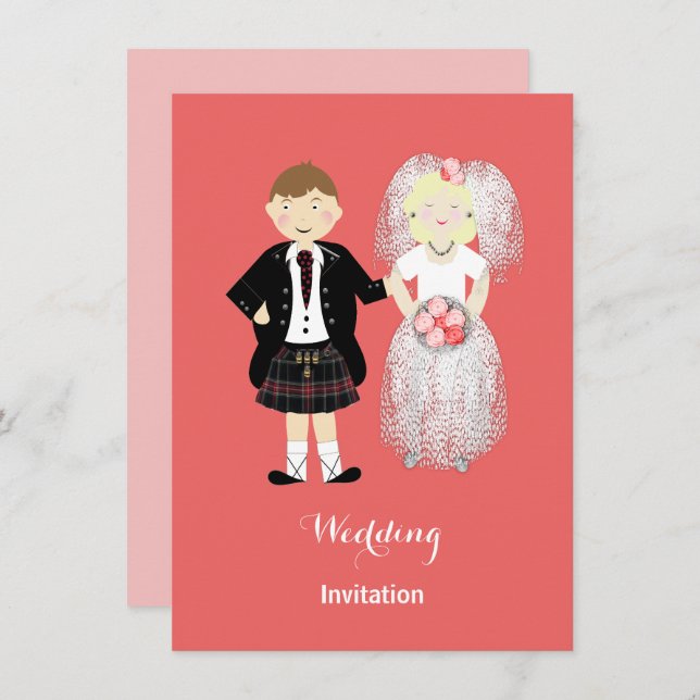 Cute Bride and Groom Scottish Wedding Theme Invitation (Front/Back)
