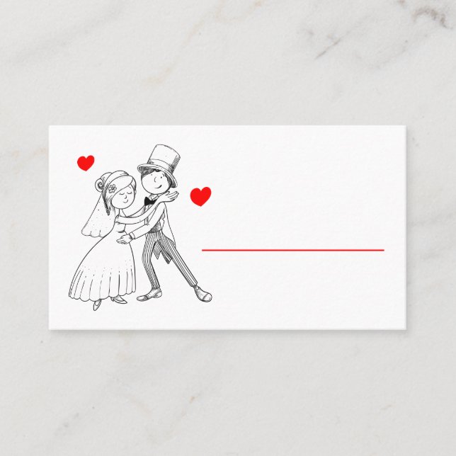 Cute Bride Groom Cartoon Red White Wedding Engaged Place Card (Front)