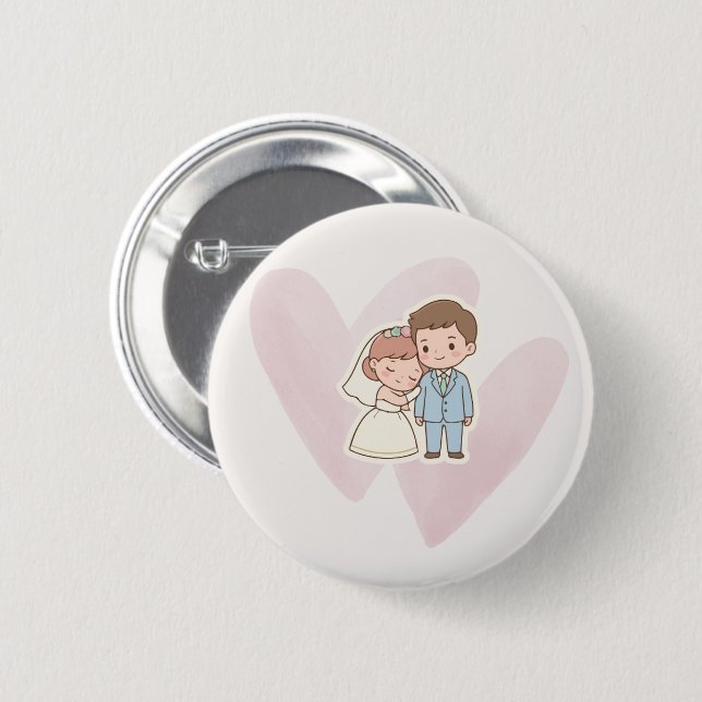 Cute Bride & Groom Heart Button  (Front & Back)