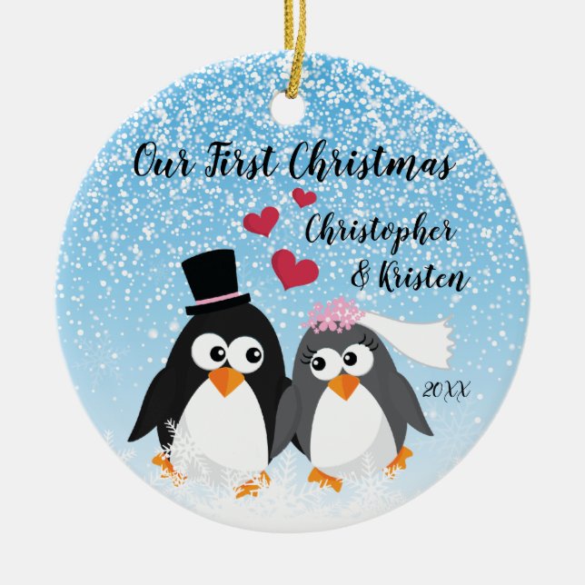 Cute Bride & Groom Penguins Our First Christmas Ceramic Tree Decoration (Front)