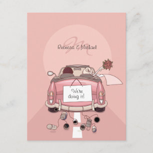 Cute Bride & Groom Pink Getaway Car Invitations