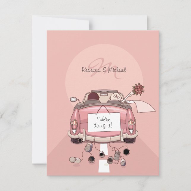 Cute Bride & Groom Pink Getaway Car Invitations (Front)