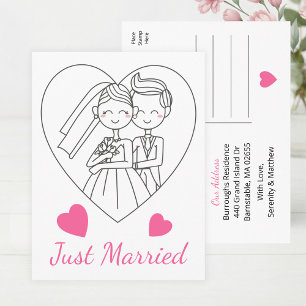 Cute Bride Groom Pink Heart Just Married Wedding Announcement Postcard