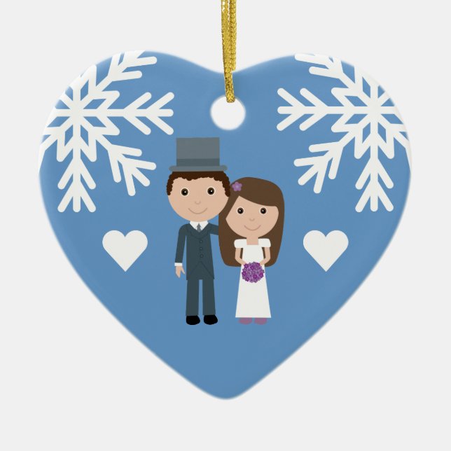 Cute Bride, Groom & Snowflakes Winter Wedding Ceramic Tree Decoration (Front)