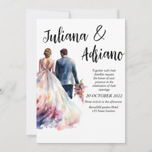 Cute bride groom watercolor wedding card modern